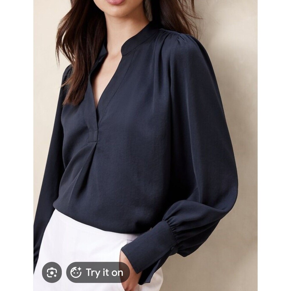NWT Banana Republic Size XL Blouse Blue Satin Puff Volume Sleeve V-Neck Luxe $70